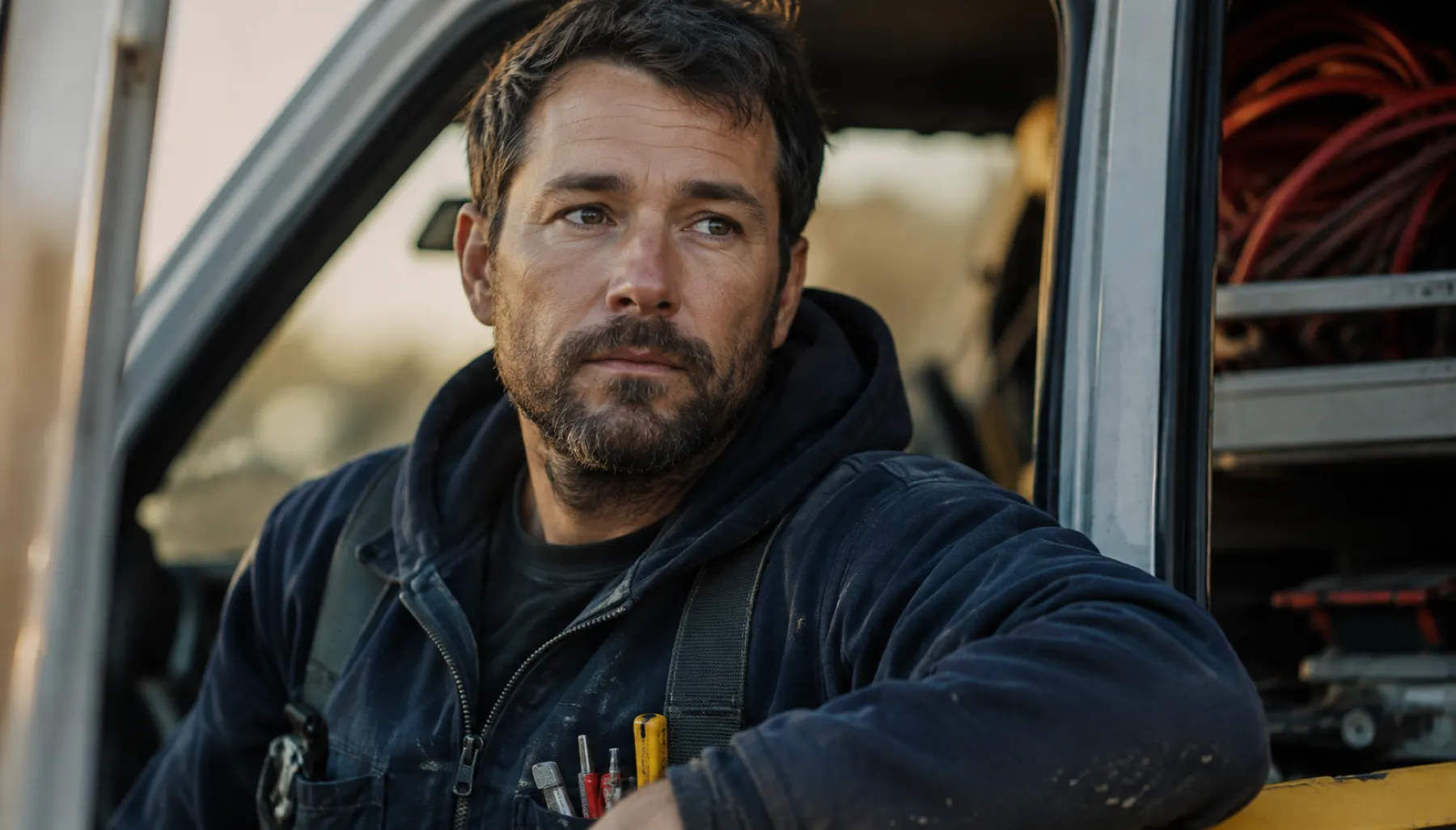 A tradesman sitting in the cab of his work truck at the end of a job