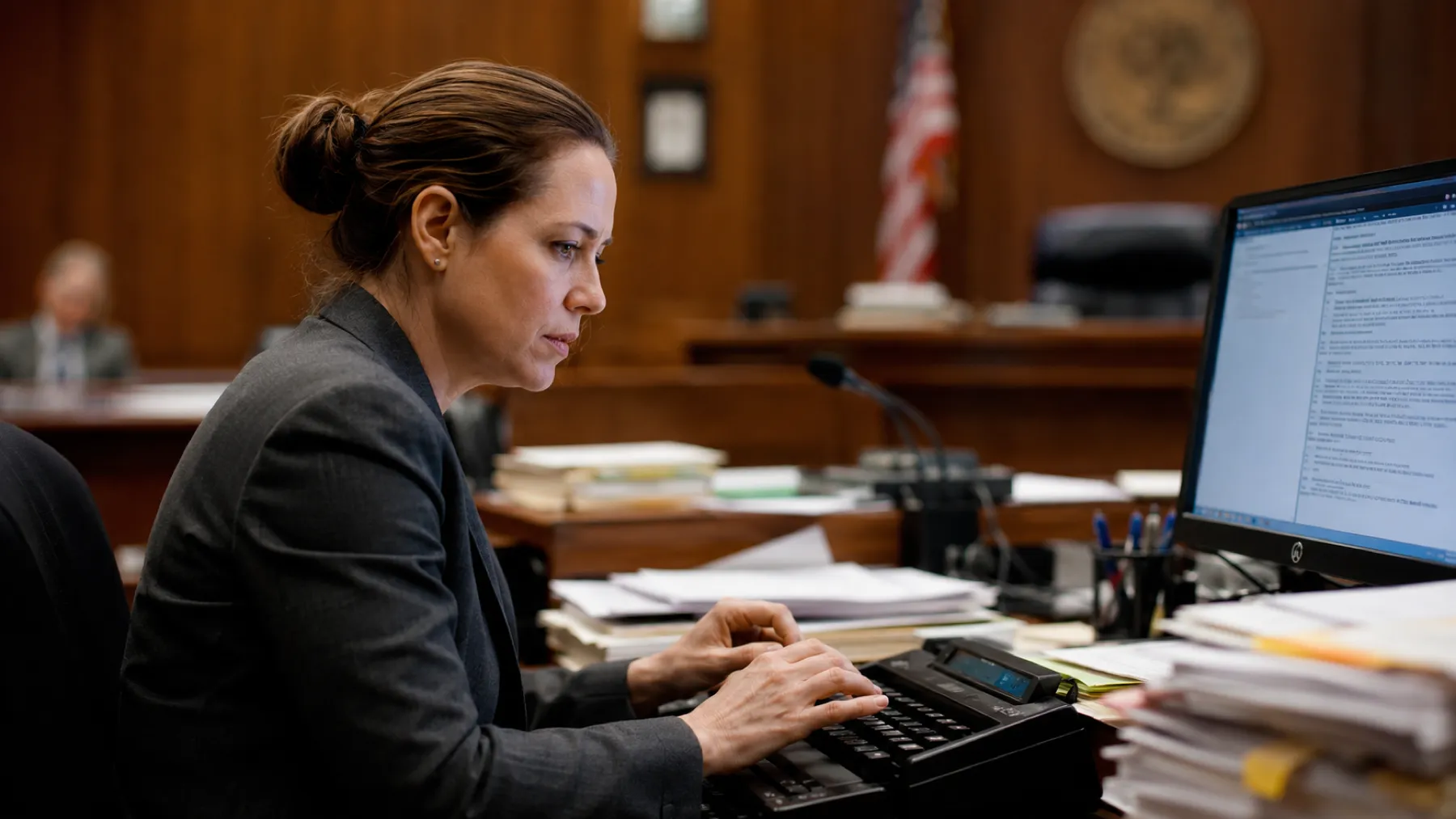 A court stenographer typing at her machine during a hearing